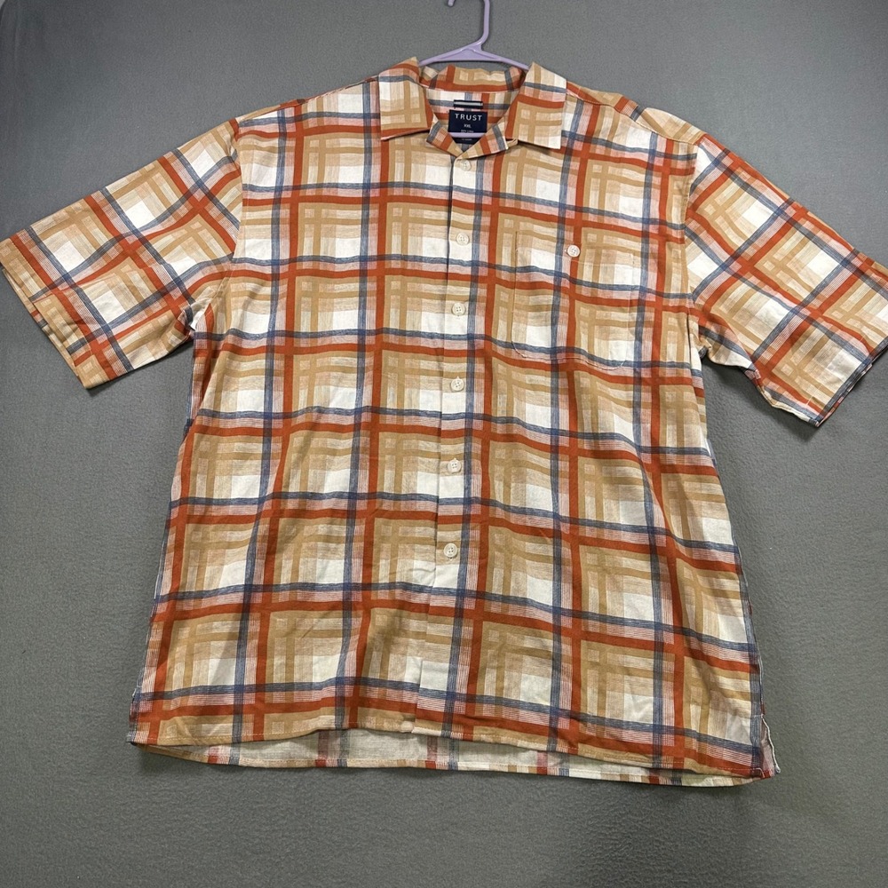 Trust Mens XXL Short Sleeve Linen Blend Plaid Button Up Shirt Orange Tan